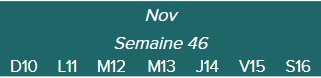 Nov - Semaine 46 - D10 · L11 · M12 · M13 · J14 · V15 · S16