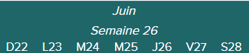 Juin-Semaine 26-D22 · L23 · M24 · M25 · J26 · V27 · S28|