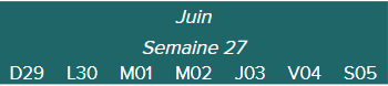 Juin-Semaine 27-D29 · L30 · M01 · M02 · J03 · V04 · S05|
