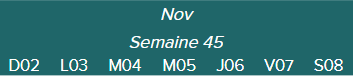 Nov.-Semaine 45-D02 · L03 · M04 · M05 · J06 · V07 · S08|
